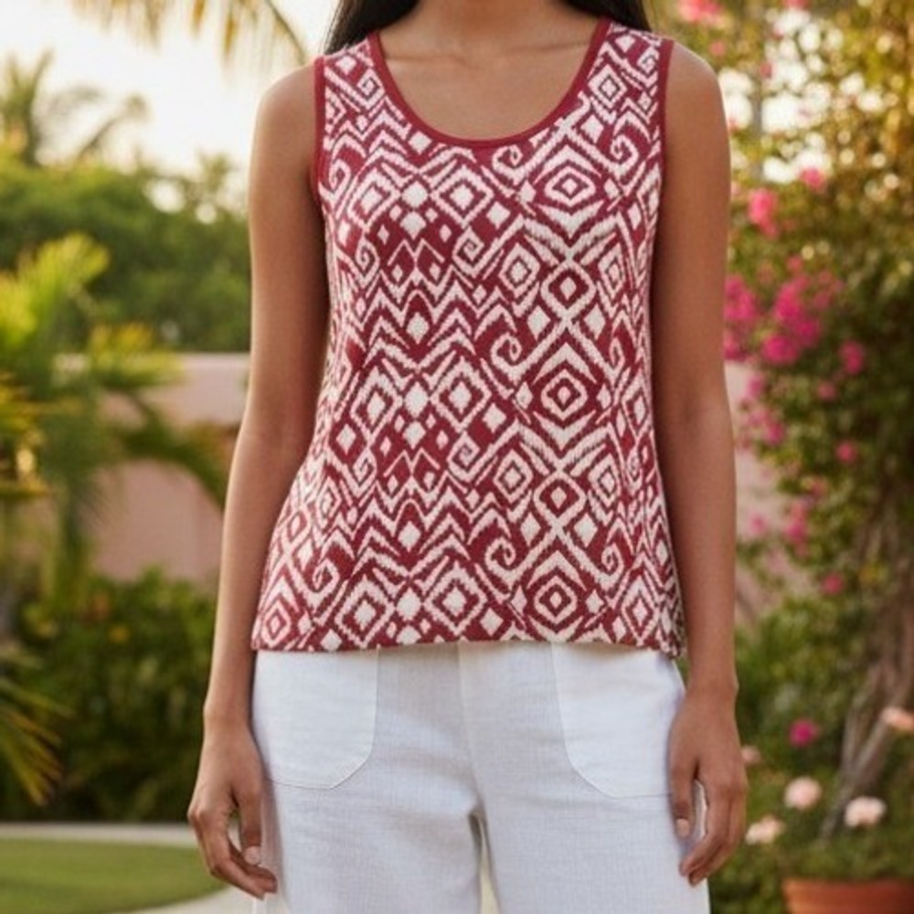 Kim Rogers Tank Top Petite Medium PM Red Geometric Ikat Diamond Print Cotton